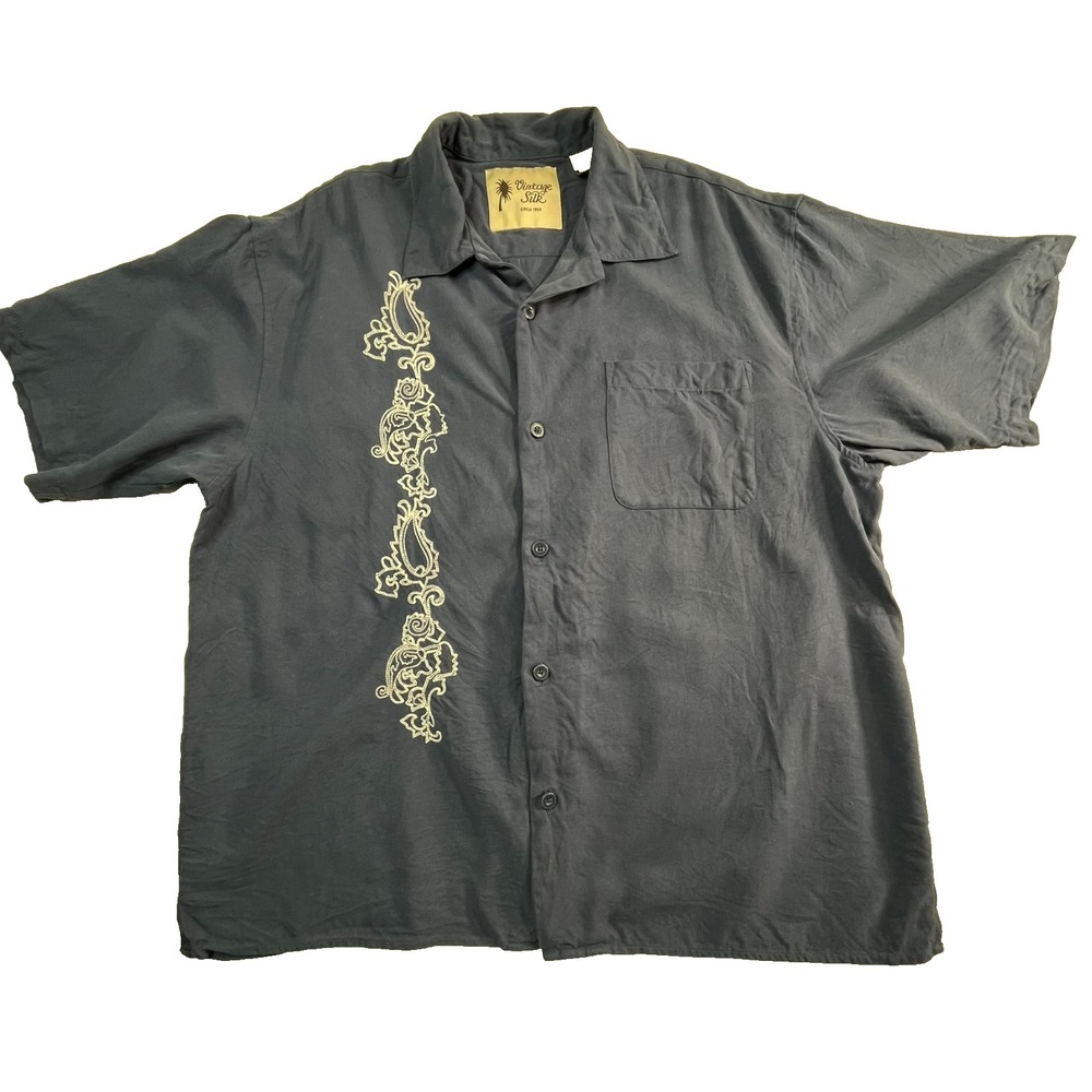 Vintage Silk Mens XXL Shirt Button Front Silk Blue Embroidered Detail Front‎
